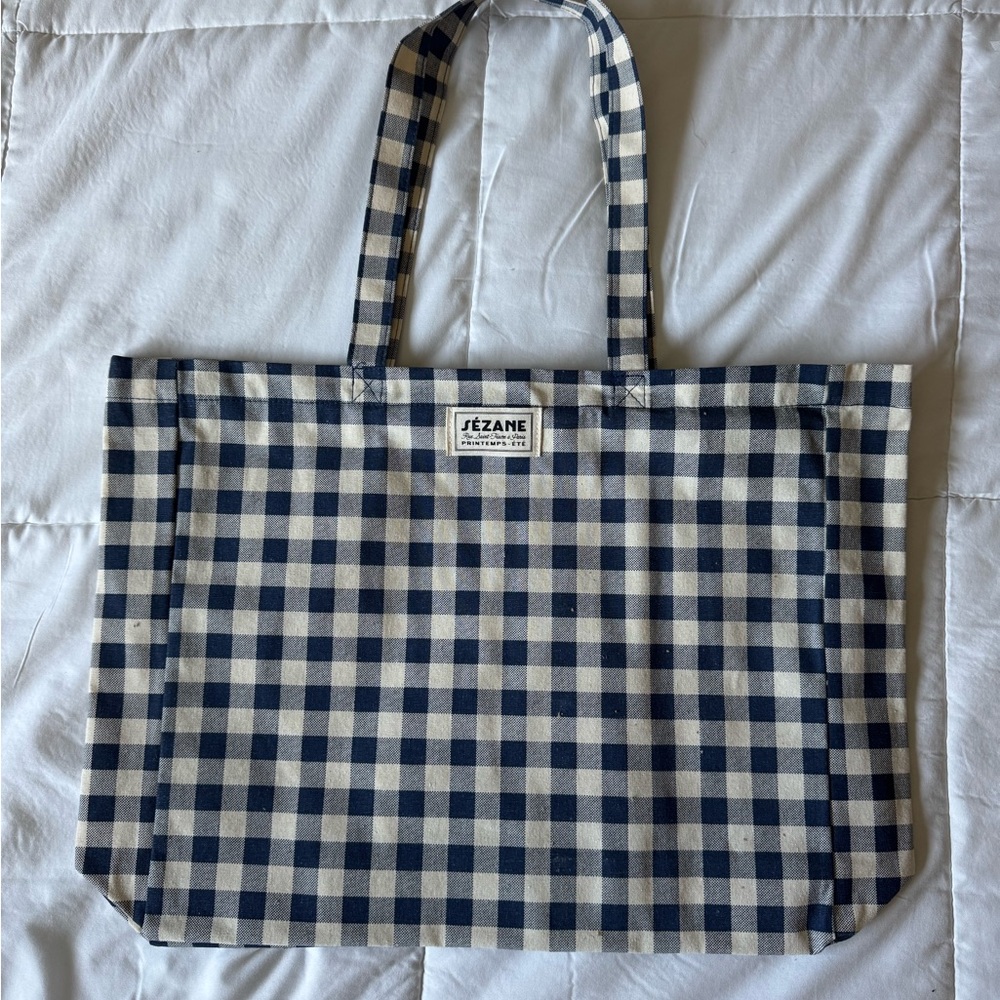 Sézane Blue and White Checkered Tote